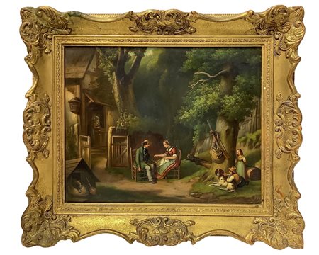Scena familiare all'aperto con bambini e cane, nineteenth century
