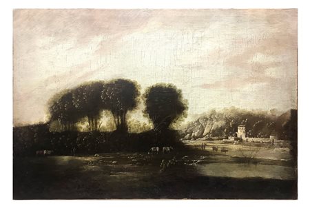 Paesaggio bucolico con casa sul lago, oil painting on canvas