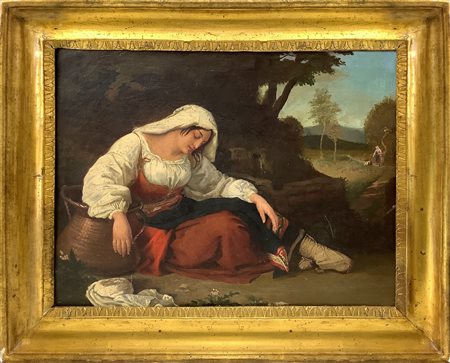 Contadina con cesto in riposo sotto un albero, nineteenth century