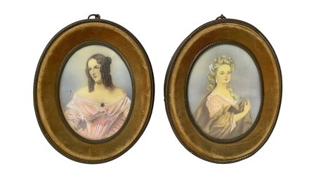 Coppia di dipinti ovali raffiguranti dame, nineteenth century