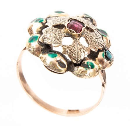 ANELLO in oro giallo 9 KT con granato e smalti