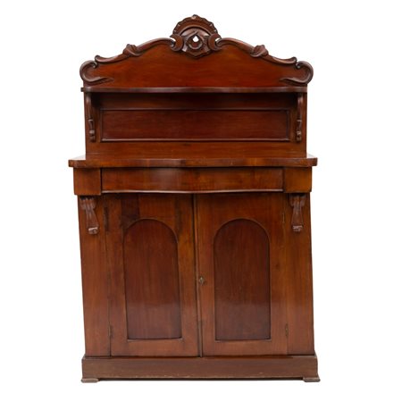 CREDENZA con alzata vittoriana in mogano e piuma di mogano