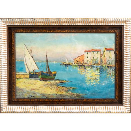 PITTORE DEL XIX/XX SECOLO, Porticciolo, Olio su tela