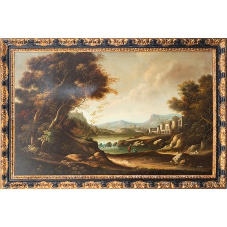 PITTORE DEL XX SECOLO 
Paesaggio con castello e personaggi