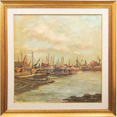 PITTORE DEL XX SECOLO, Paesaggio portuale, Olio su tela