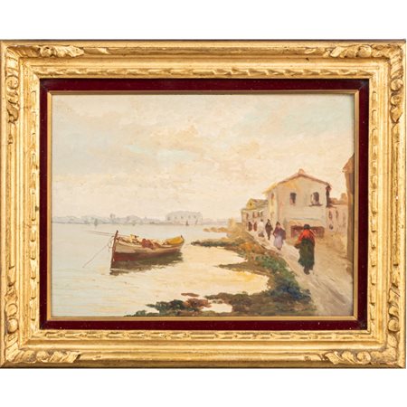 PITTORE DEL XX SECOLO, Marina con barche, Olio su tavoletta