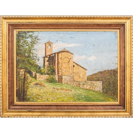 PITTORE DEL XX SECOLO, Paesaggio con chiesa, Olio su tela