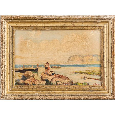 PITTORE DEL XX SECOLO, Paesaggio marino, Olio su tavoletta