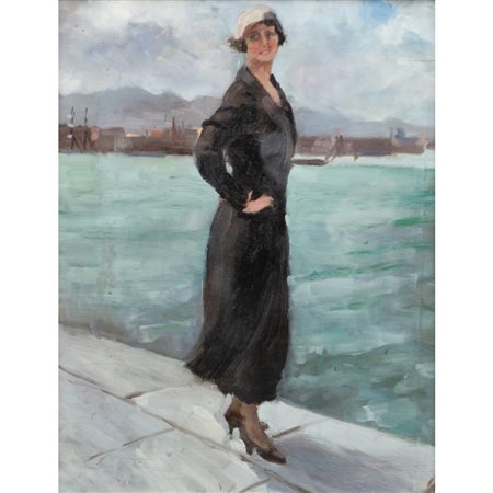 PITTORE DEL XX SECOLO, Paesaggio marino con figura femminile