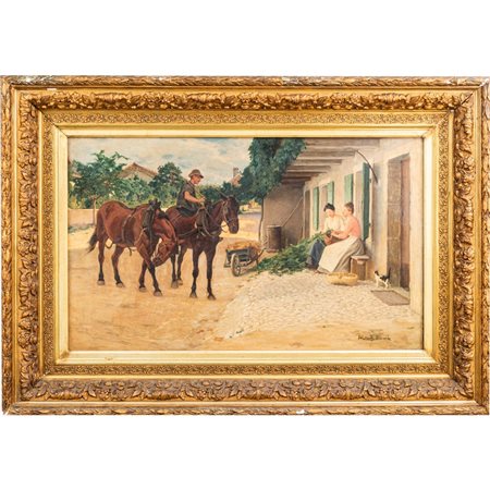 WALTER BIDDLECOMBE, Cascina con personaggi, Olio su tela