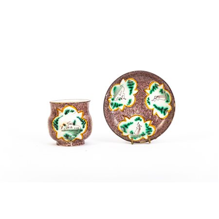 TAZZINA CON PIATTO in ceramica smaltata e decorata