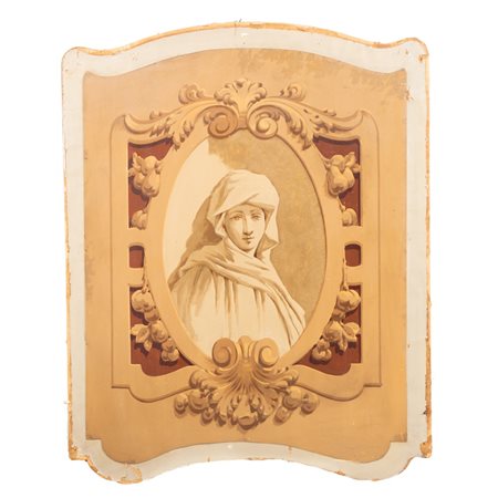 SOPRAPORTA in legno dipinto "Mezzo busto figura femminile"