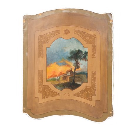 SOPRAPORTA in legno dipinto "Paesaggio con caseggiato".