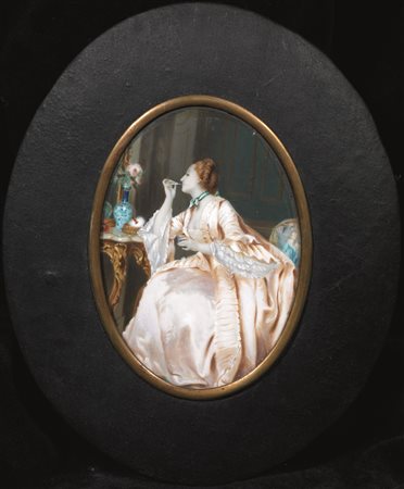 a) Scuola francese, sec. XIXGENTILDONNA ALLA TOILETTEminiatura su avorio, cm...