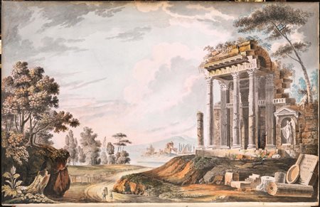 Scuola romana, sec. XVIII PAESAGGIO CON ROVINE CLASSICHE 1796 Acquerello...