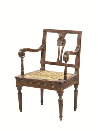 Sei sedie, Inghilterra, sec. XX, in mogano, spalliera rettangolare con...