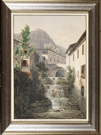 Giuseppe Bisi(Genova 1787 - Varese 1869) VEDUTA DI PAESE CON CASCATA 1829...