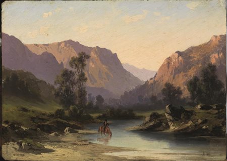 Scuola lombarda, sec. XIXPAESAGGIO CON FIUMEolio su metallo, cm 17x23 &nbsp;