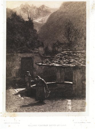 a) VECCHIA FONTANA SOTTO LA LUNAriproduzione litografica. Da un dipinto di...