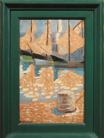 Mario Puccini(Livorno 1869 - Firenze 1920)VELE AL SOLEolio su cartoncino, cm...