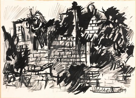 a) Giorgio Celiberti(Udine 1929)PAESAGGIO CON ROVINE. 1954inchiostro nero e...