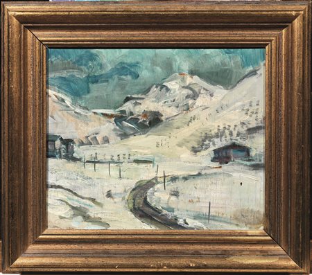 Donato Frisia(Merate, Como 1883 - 1953)PAESAGGIO INNEVATOolio su tavoletta,...