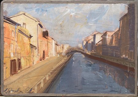 a) Giancarlo Perelli Cippo (Milano 1923 - 2004) NAVIGLIO olio su compensato,...