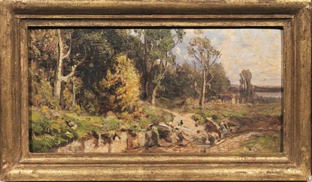 Carlo Mancini(Milano 1829 - 1910)PAESAGGIolio su tavoletta, cm 6,5x25...