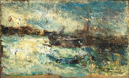 Vittorio Castagneto(Rapallo 1875 - Torino 1958)MARINAolio su cartone cm...