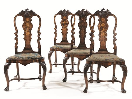 Quattro sedie, Olanda, metà sec. XVIII, in noce intarsiato a motivi floreali,...