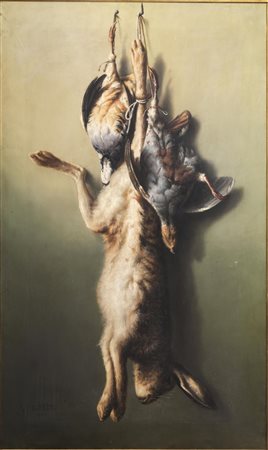 Giuseppe Falchetti (Caluso 1843 - Torino 1918)NATURA MORTA CON LEPRE E...