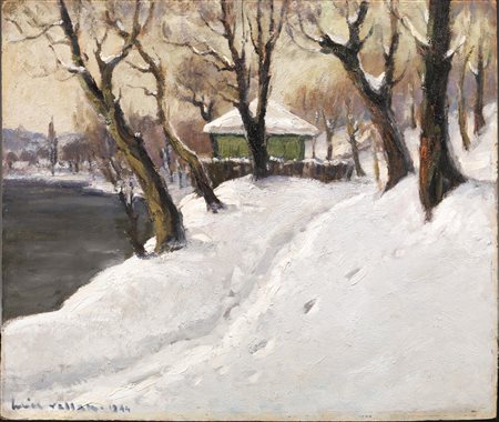 Felice Vellan(Torino 1889-1976)PAESAGGIO INNEVATO CON CASAolio su compensato,...