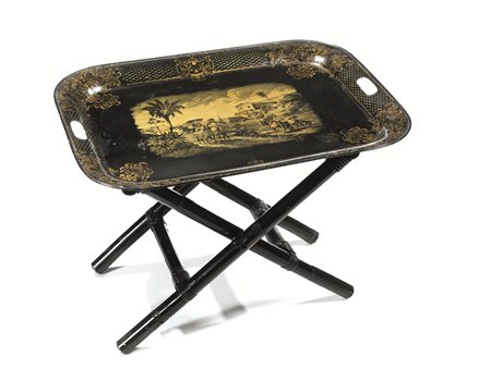 Vassoio, Napoli, sec. XIX, in lamiera laccata e pitturata a scena di genere,...