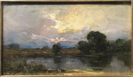 Carlo Follini(Domodossola 1848 - Pegli 1938)TRAMONTO olio su cartoncino,...
