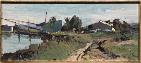 Mario Lisa(Torino 1908 - 1992)PAESAGGIO FLUVIALEolio su tavoletta, cm...