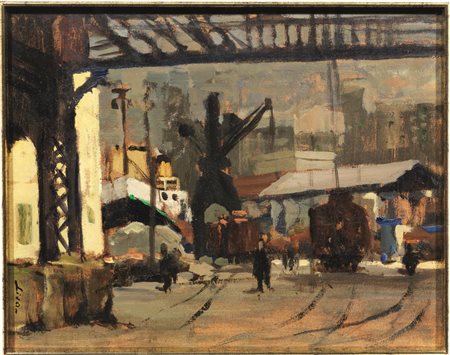 Mario Lisa(Torino 1908 - 1992)NEL PORTO-GENOVAolio su compensato, cm...