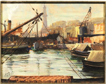 Mario Lisa(Torino 1908 - 1992)PORTO DI GENOVAolio su compensato, cm...