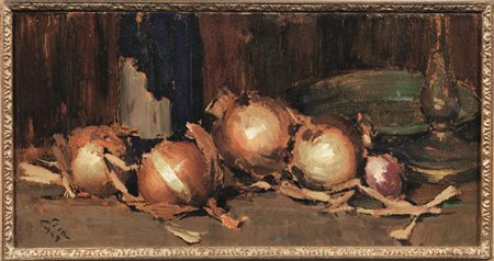 Mario Lisa(Torino 1908 - 1992)NATURA MORTA CON CIPOLLEolio su cartoncino, cm...