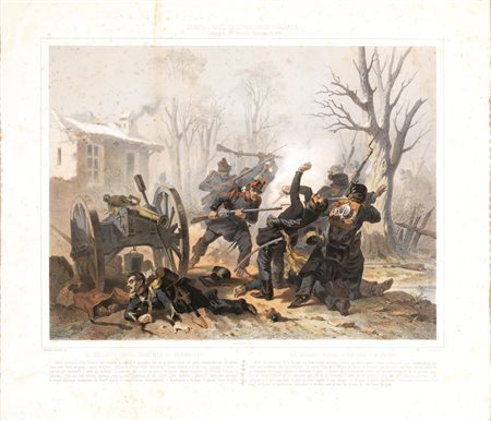 COPPIA DI STAMPE RAFFIGURANTI BATTAGLIEDue litografie a colori. mm 455X530...