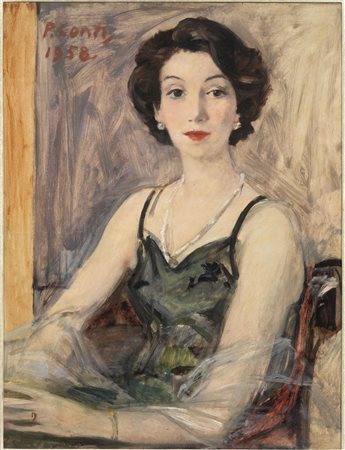 Primo Conti(Firenze 1900 - Fiesole 1988)RITRATTO DI SIGNORA olio su...