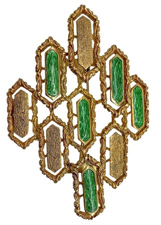 Spilla in oro 18 carati con smalti verdi, 60's
