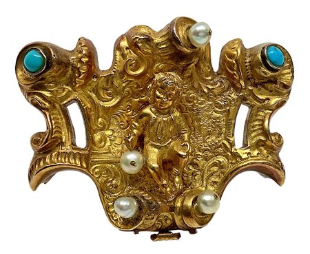 Spilla in oro 18 carati con puttino centrale, turchesi e perle, nineteen°  secolo