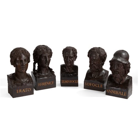 Cinque busti di personaggi classici, manifattura romana del XIX secolo