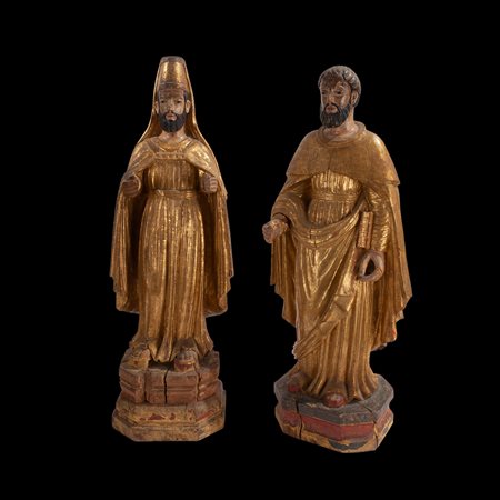 Coppia di sculture lignee, probabile manifattura mitteleuropea del XVII secolo