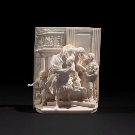 Eccezionale placca in avorio scolpito in forte rilievo rappresentante la fuga di Enea da Troia, Paesi Bassi XVIII secolo