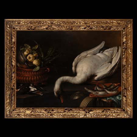 Cornelis Jacobsz Delff (Gouda 1571 - Delft 1643), Natura morta con oca, fruttiera, bacile con carciofi e piatto di pesci