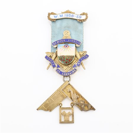 Distintivo con coccarda e spilla della Lodge of Lorraine n° 7176 in sterling silver e smalti