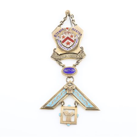 Distintivo con spilla dell'Edward Alleyn Lodge n° 4328 in argento dorato e smalti