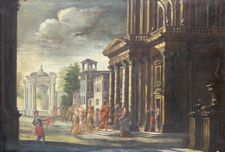 Scuola Genovese del XVII secolo Veduta di architetture con figure