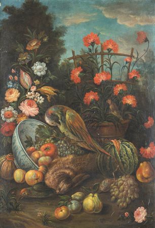 Giacomo Nani (bottega di) (Porto Ercole, 1698 - Napoli, 1755) Natura morta di fiori e frutta